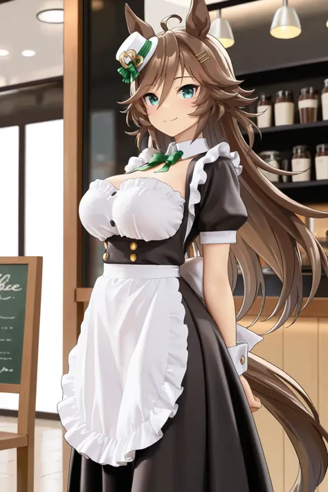 NSFW, Masterpiece, top quality, high resolution, very detailed,mr.c.b.\( umamusume\), maid clothes, long skirt, coffee shop, Happy Smile 