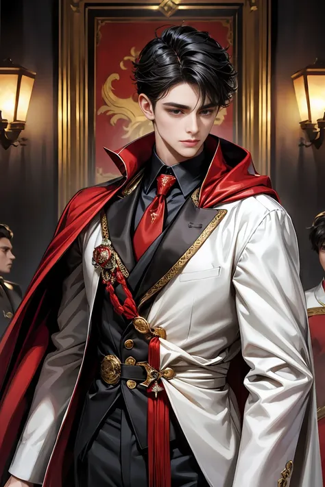  Masterpiece, 最 high quality,  high quality,  1 boy,  alone,  men focus,  upper body, stare at the audience, Dirty black hair,  cute大きな青い目, white, Noble, Noble, sexy voluminous black and red cape、 tuxedo、Very voluminous, big, very big, very big, length, le...