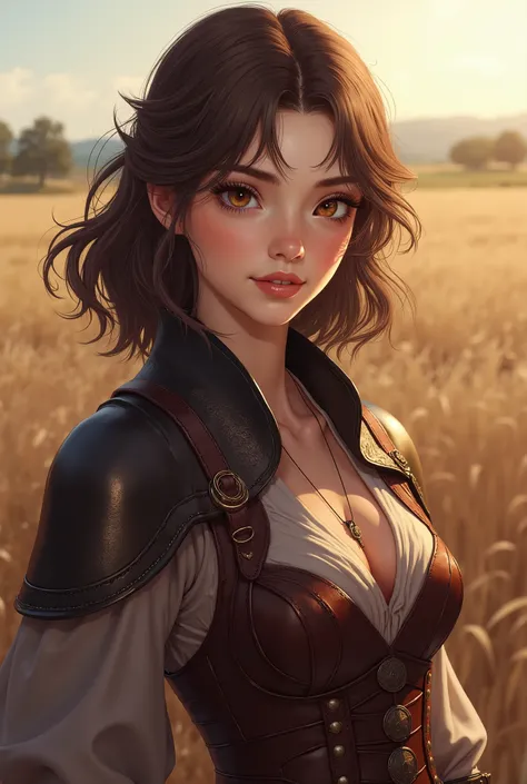 1 female、 very beautiful 、facial beauty 、 brown eyes、 standing on the public display、leather armor、 brown hair、  fantasy costume 、field、 these days,25 years old, white skin, High Quality,smile,  illustration, masterpiece,  top quality,  High detail ,   med...