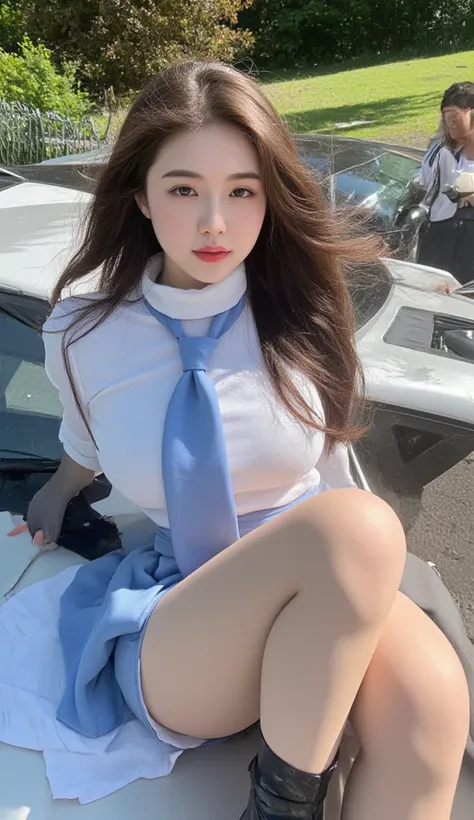 1 young woman, long hair , 22 years old, influencer, beauty , outside, sunny day , white long blouse, blue tie, blue skirt, black boots, school uniform , makeup, seduzindo, taking a selfie, sorrindo, sitting on hood car,, socks and boots, no effect, selfie...