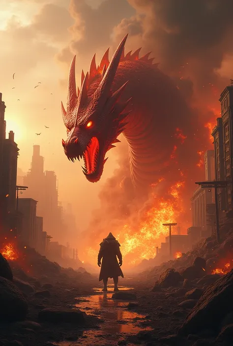 A fire dragon destroying everything in its path and everything in flames and destruction and blood 