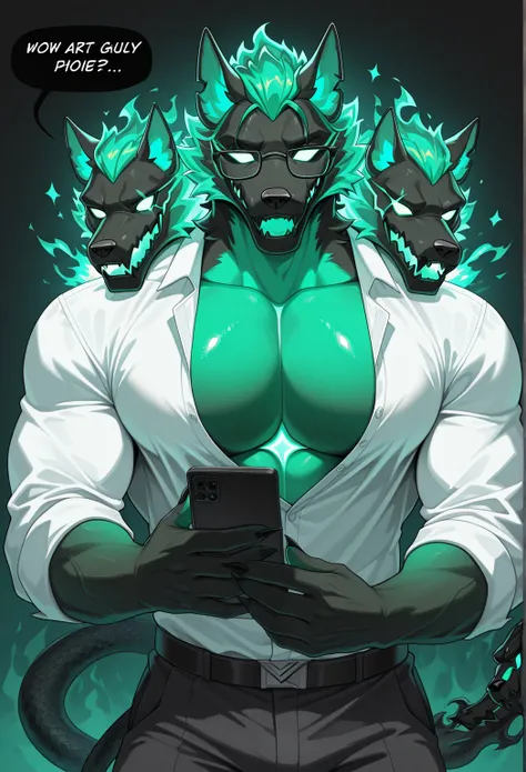 high quality, highres, masterpiece, cerberus (fortnite), anthro, male, muscular male, pecs, only 3 heads,  green flame, dark green flaming background, dark, green flame hair, snake tail,wearing a white shirt and glasses in an office talking on a mobile pho...