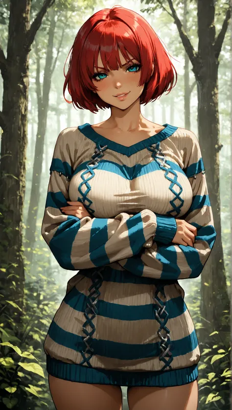  1girl , Thousands of angry  , guilty gear,Cowboy shot , forest, main sur l'oreille,medium to large breasts,  half-open lips, Seductive smile , collants de ville, ,,  masterpiece striped sweater,  best quality,  amazing quality ,  detailed background,  com...