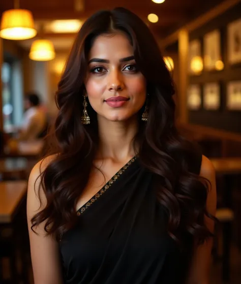 A dazzling shot of a woman with long dark brown hair standing, a black saree in a nicely warm and cozy lit cafe. Her eyes are wide open, and her lips are pink. and the woman's hair cascades over her shoulders,malavikam