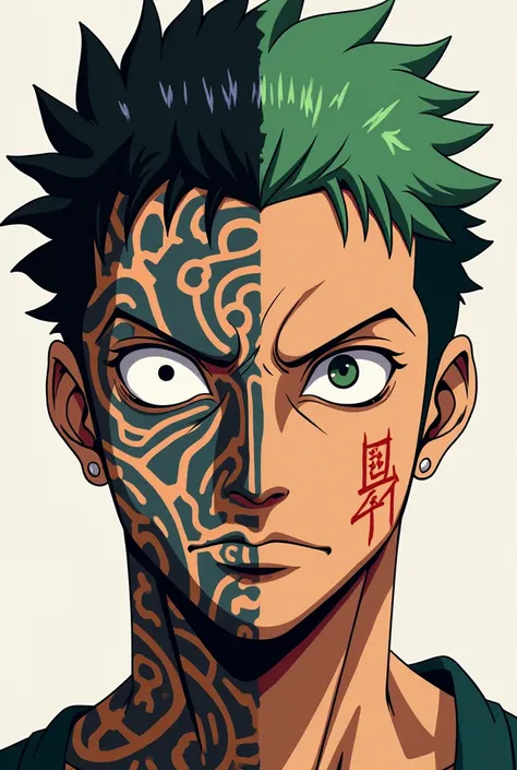 Half of Ban's face tattoo from the anime "The 7 deadly sins " And the other half of Zoro's face from "one piece"