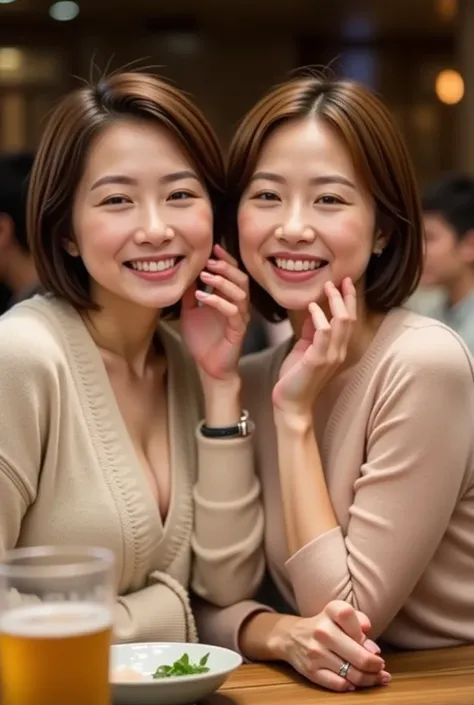 Girls&#39; Night Out、Two different types of women、 Japanese beautiful wife、 high resolution,  smiles,  background blur, Drink next to each other at an izakaya counter、 random hairstyles、 short hair、Tipsy face、Flushing、 highlight cleavage while tasting、 cas...