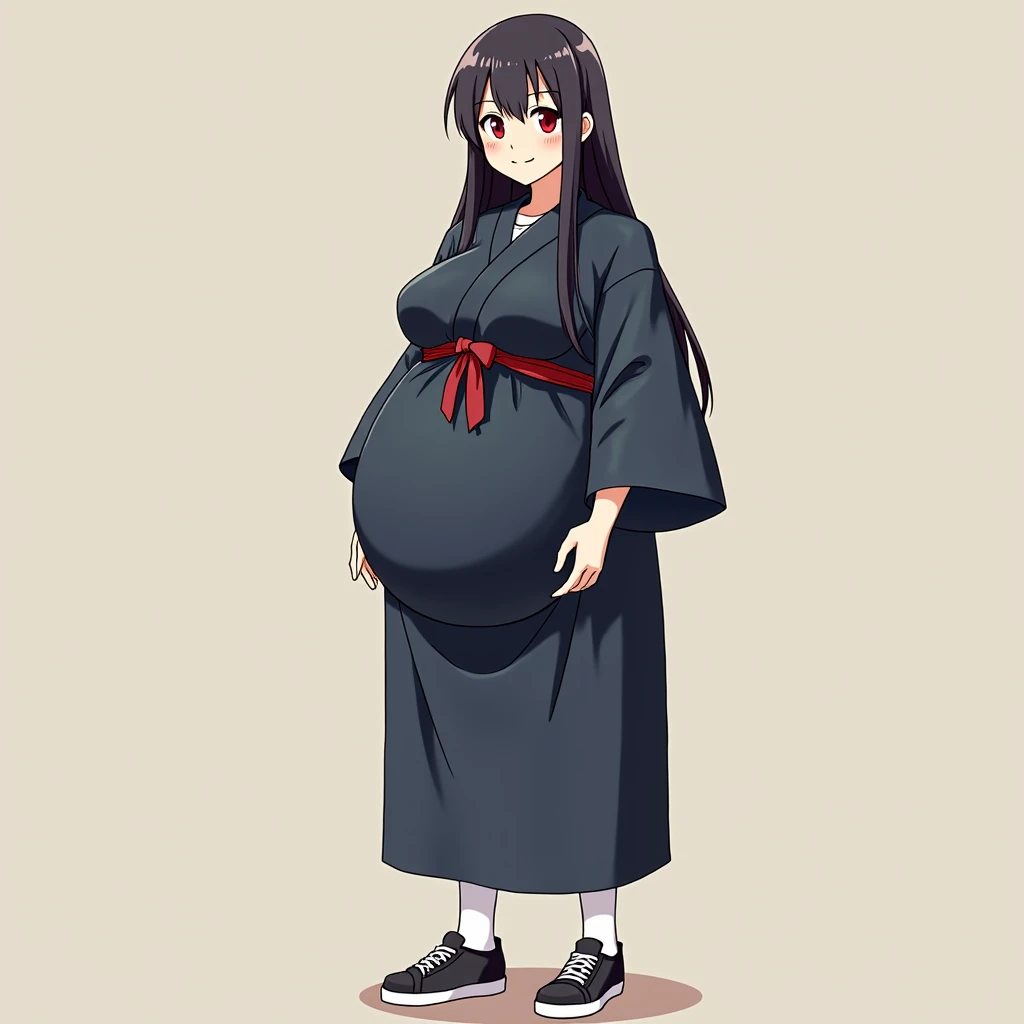 anime girl, long hair,dark black hair, big pregnant, dark red eyes , very big breasts, very big belly , pregnant girl, biggest belly , anime style, big breasts, pregnant girl with big belly, smile, white thin tights, dark blue long kimono dress, big pregna...