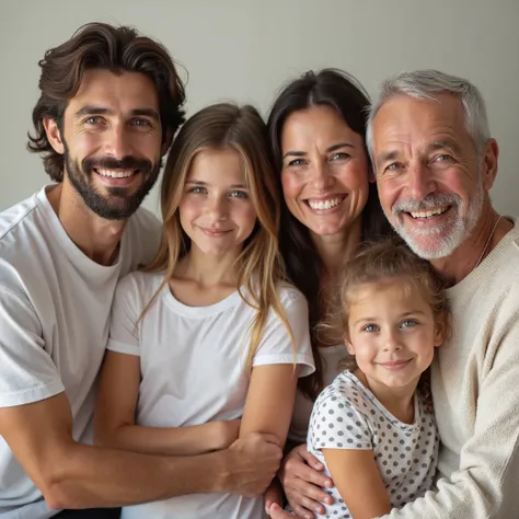 Family photo of 5 people, mother, dad, , young grandmother , Young grandfather, white people with Latin features 