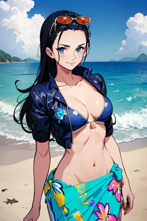 (((masterpiece))), NicoRobin, 1girl, solo, full body, long hair, looking at viewer, smile, blue eyes, large breasts, black hair, navel, holding, cleavage, closed mouth, standing, collarbone, jacket, short sleeves, cowboy shot, outdoors, sky, day, midriff, ...