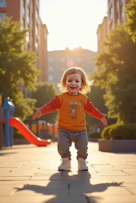 A joyful toddler playing in a sunlit Moscow courtyard during the summer of 2025. Captured in 8K RAW photorealism, with precise anatomical proportions, including accurate body volume, arm length, head size, neck structure, and natural weight distribution. T...