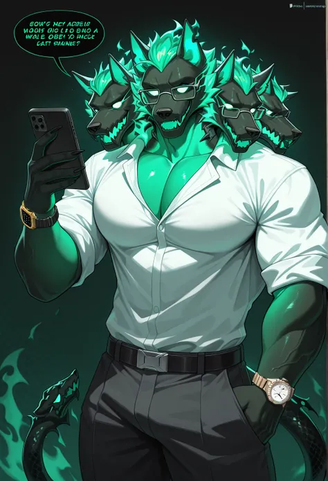 high quality, highres, masterpiece, cerberus (fortnite), anthro, male, muscular male, pecs, 3 heads,  green flame, dark green flaming background, dark, green flame hair, snake tail,wearing a white shirt and glasses in an office talking on a mobile phone,ex...