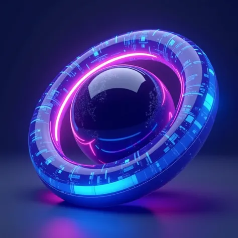 A futuristic globe with an infinity loop around it as a logo style 3d in royal purple and electric blue colors 