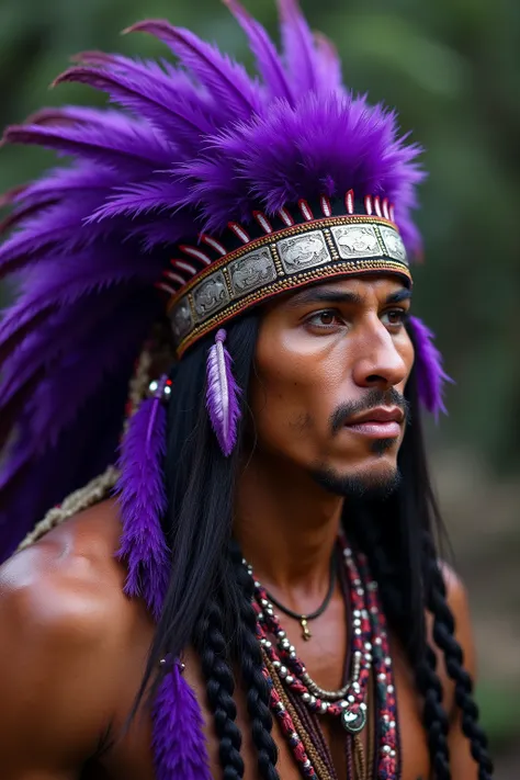 handsome south american indigenous man with purple feather headdress