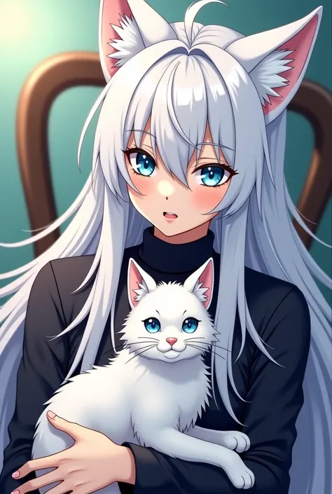 a close up of a person sitting on a chair with a cat, white - haired fox, white fox anime, with long white hair, white haired, with white long hair, white haired deity, white-haired, anime character, best anime character design, yee chong silverfox, as an ...