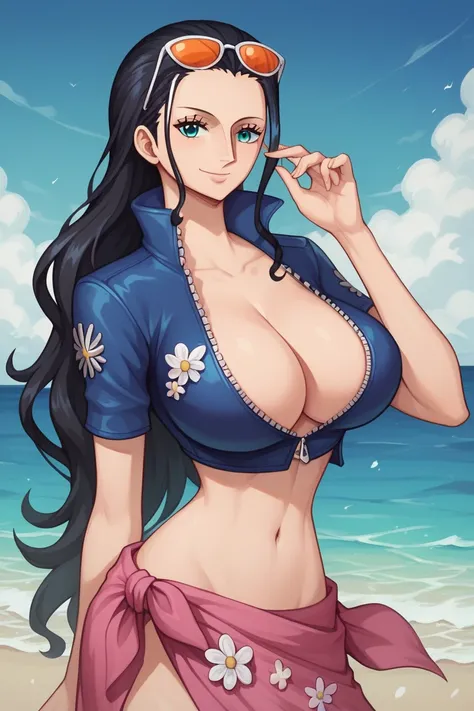 nico robin, wanostyle, 1girl, aqua eyes, black hair, breasts, cleavage, closed mouth, collared jacket, cowboy shot, crop top, cropped jacket, eyewear on head, hair slicked back, hand up, high collar, jacket, large breasts, long hair, looking at viewer, mid...