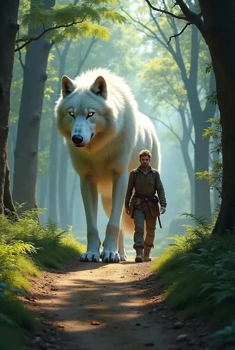 Giant white wolf walking along side of man on a trail through the woods