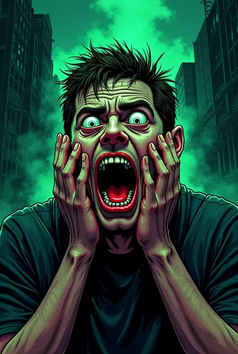 Product Name : man, scary dreams, eyes bulging in fear, arms holding face, absurd scared face, drug hallucinations, screaming mouth, pale face, Graphics: Cartoon, Theme: dark surrealism, scary horror comic style, terrible human transformation, poisonous sm...