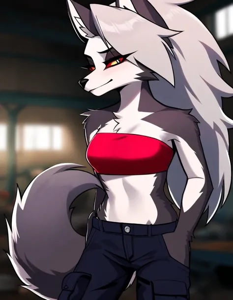  masterpiece,best quality,amazing quality,very aesthetic,high resolution,ultra-detailed,absurdres,newest,scenery,depth of field,volumetric lighting, bandeau, cargo pants, workshop, solo, 1girl, tail, cute girl, anthro_furry, close up,Loona Hellhound_\(Hell...