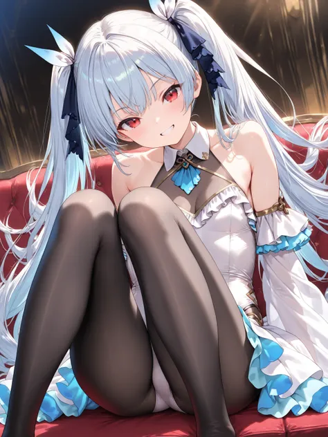 ((masterpiece, best quality, ultra-detailed character)), 1girl, silver hair, very long hair, twintails, red eyes, petite, white leotard, wing collar halter, see-through cleavage, frills, sleeveless, showgirl skirt, white detached sleeves, wide sleeves, lig...