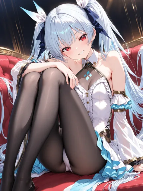 ((masterpiece, best quality, ultra-detailed character)), 1girl, silver hair, very long hair, twintails, red eyes, petite, white leotard, wing collar halter, see-through cleavage, frills, sleeveless, showgirl skirt, white detached sleeves, wide sleeves, lig...