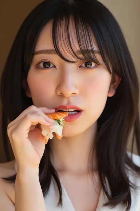 A high resolution photograph of a Japanese young woman in dress, photo-realistic, Intricate details, 8k, solo, 1girl, eating a ehoumaki in hand, ehoumaki in mouth, drooling, salvia, pale skin, fine-textured skin, detailed face, perfect hand, detailed hand,...