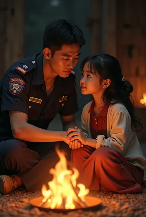 A Vietnamese police officer holds the hand of a beautiful girl sitting by the fire