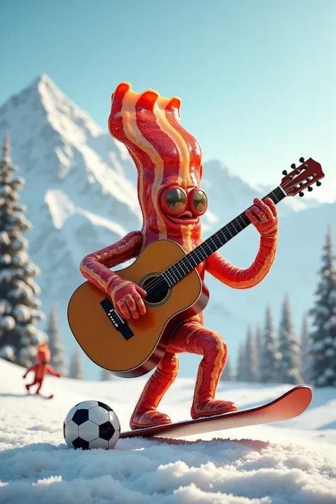 Bacon playing acoustic guitar while snowboarding and soccer