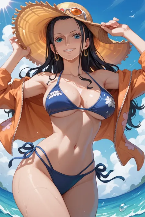  nico robin　One Piece, Bikini, smiling, sun high resolution , masterpiece,  anatomically correct,  best quality , 