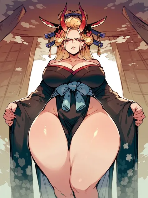 Female,milf, blonde, two horn, black kimono with flower, red horn, gigantic boobs, gigantic ass, japanese house door, serious face, front view, standing tall,