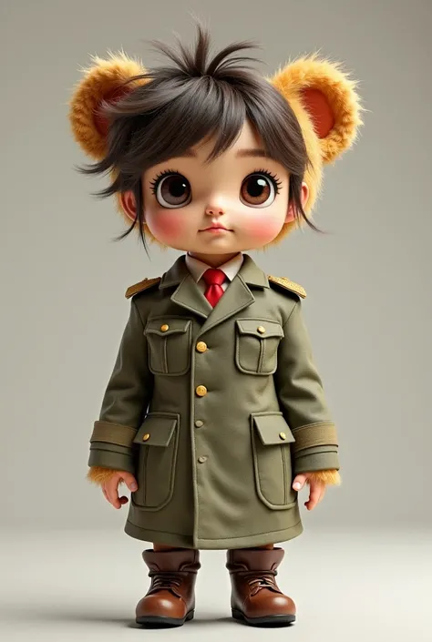 A teddy bear girl wearing a military dress