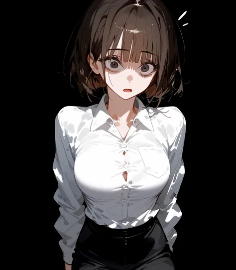 1 person,girl,, dark brown hair , short hair ,Hair lost ,, in black eyes, shadow face, black background, Long bangs ,, big chest,Long facial hair , Slim , Black Trousers,, irritation ,sad, Long Sleeve Shirt, White Shirt,Big eyes,surprised,teacher,Open your...