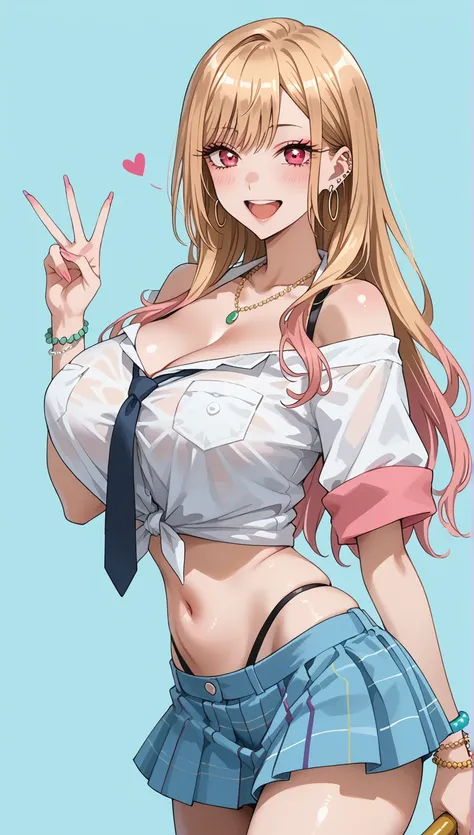  simple facing xLv2, KJOmarin,   blond hair,  long hair,  pink eye,  earrings,  ear piercing,   multicolor hair,  score_9,  score_8_ up the side,  score_7_ up the side,  source_Anime,  Masterpiece, top quality, Big Breasts,  off shoulder shirt,  shirt with...