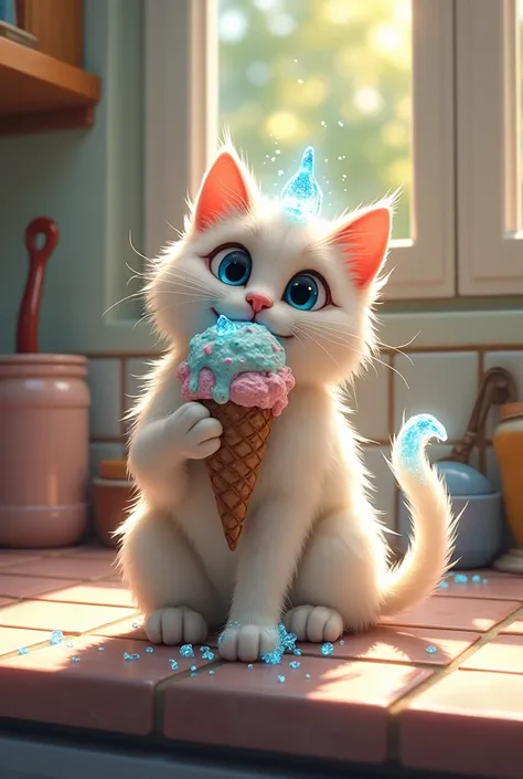 The cat eats ice cream and becomes ice