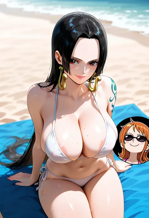 masterpiece, best quality, amazing quality, 2girl, (Nami, one piece, orange eyes, orange hair), (Boa Hancock, one piece, blue eyes, black hair), long hair, white bikini, very happy smile, cowboy shot, simple background, medium size boobs , golden ratio fac...