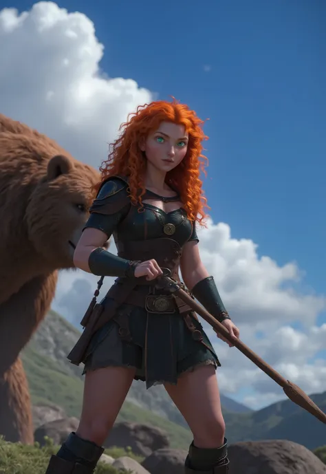 Girl, red hair, black armor,one long spear,Glowing eyes ,curly orange colour long hair，High Ponytail,detail eye,blue sky,in battel,portrait,fight with bear,