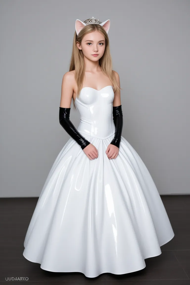  young girl ,  slim ,  blonde hair,   straight long hair ,  small breasts,  breasts open,, Cat ears,  masterpiece ,  anatomically correct  , UHD,  super detailed , further away,  latex wedding dress ,  latex black knee boots ,   latex black arm warmers lon...