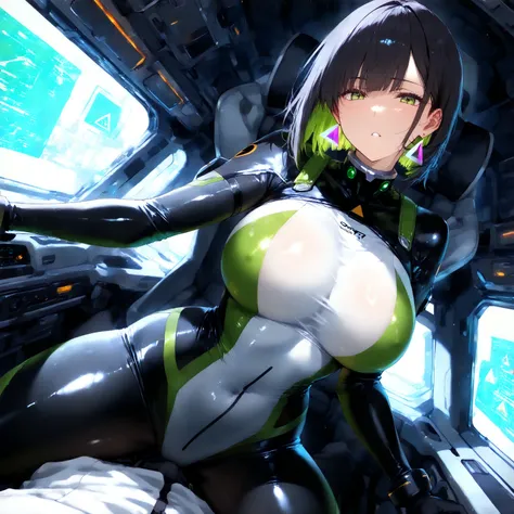 masterpiece, (((( best quality )))),1 girl, Japanese Anime ,character profilele,shiny skin, wearing a black pilot suit, dark hair, short bob hair,The inner color of the hair is green, green eyes,isosceles triangle earrings, black tights,large breasts, stra...