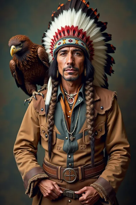 handsome indigenous man with feather headdress with old west clothes and an eagle on the shoulder