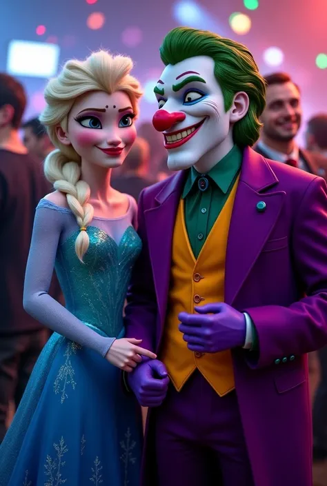 Elza (Frozen) and Jocker (Batman) are wested after smoking a big joint of weed at a party. Elza is in her normal dress and jocker is in his normal purple suit.