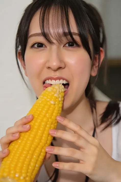 A high resolution photograph of a Japanese young woman in dress, sucking yellow corn in hand, bite, drooling, salvia, detailed hand, photo-realistic, Intricate details, 8k,