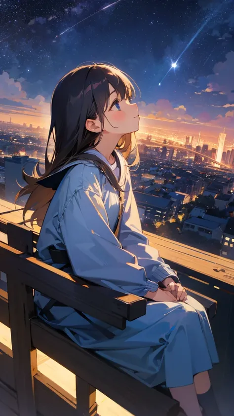  girl、sitting on the fence 、 looks up、Starry Sky 、city