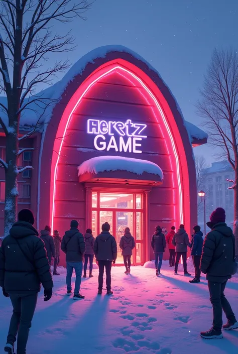 In winter, it is snowing on the street, and the opening of the new "HERTZ GAME ORGANIZATION" game club is expected, and the place is full of purple and red colors enriched with neon colors.