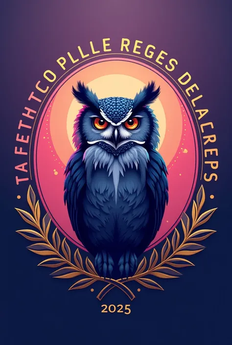 Create an emblem written in Portuguese THIRD TEACHER TRAINING 2025, With gold and a purple and pink gradient background, Like with an owl emblem