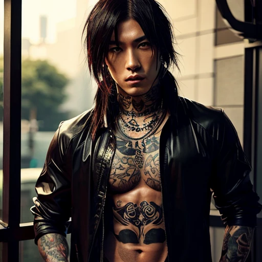 1 man, Japanese man, male, Asian eyes, muscular, broad shoulders, yakuza tattoos, hairstyle Visual Kei style, hair Visual Kei, black men's shirt and black pants, ultra detailed face and eyes, hyperrealistic, realistic representation, long hair, long hair, ...