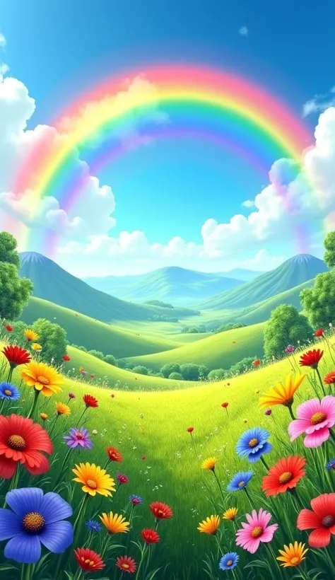 A rainbow over a green meadow with colorful wildflowers.