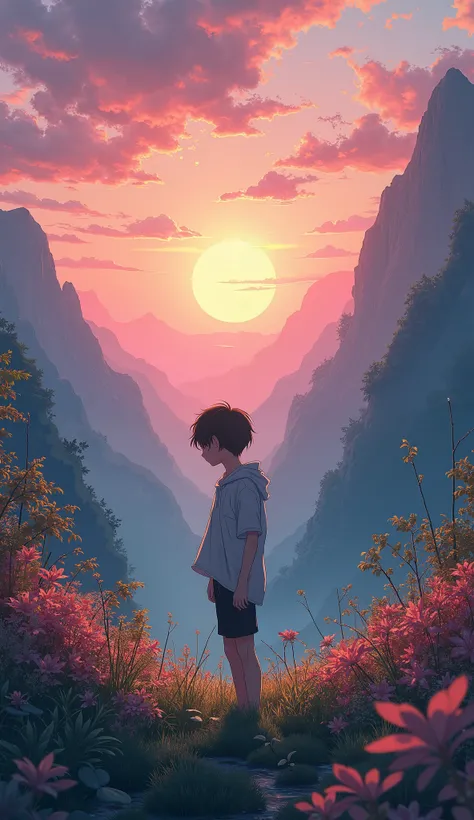 A Anime 18 Year Alone Boy In Unreal Beauty Nature A Full Colour Gradient Sky And Sunset, 4k Image, 4k Unreal Wallpaper, Highly Detailed 