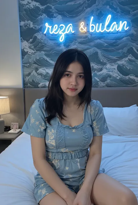 amateur shot, above her creative text big neon blue light read "reza & bulan" , againts a wave paterned wall , without make up, slight smile with slight open mouth, she has long black hair with bangs, wearing sexy blue ocean nightgown, natural face , pale ...