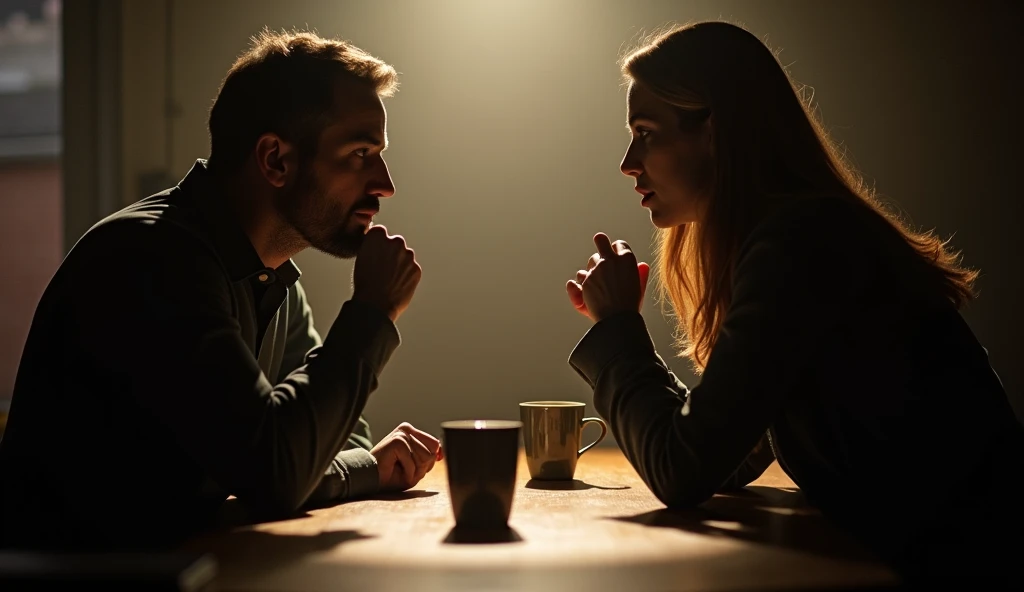 'In a cinematic shot, a man and a woman are seated at a table, engaged in a quiet conversation. The camera focuses on the interplay of light and shadow, with the shadows of their figures and the objects on the table stretching across the surface. The soft,...