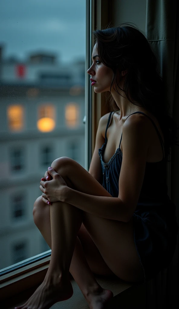 A highly realistic photograph of a beautiful woman with stunning legs sitting by a window, gazing outside with a melancholic and thoughtful expression. The soft, moody lighting enhances the emotional atmosphere. Her reflection is subtly visible in the wind...