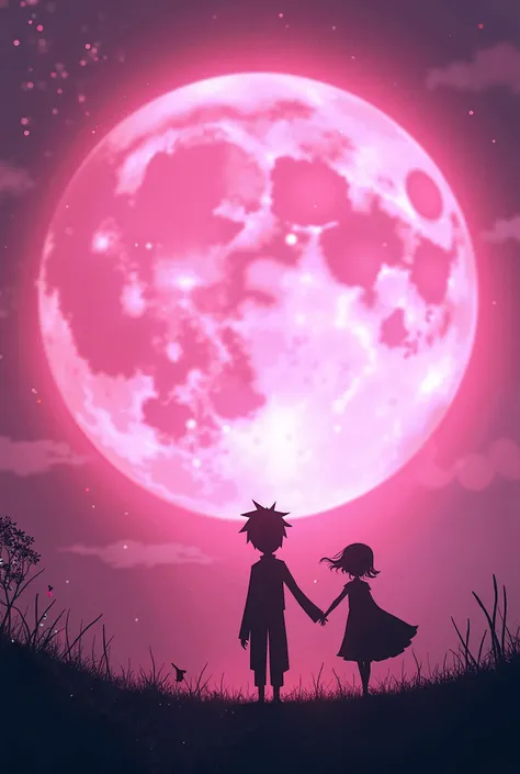 a shadow boy seeing pink moon. moon have a shadow of a girl